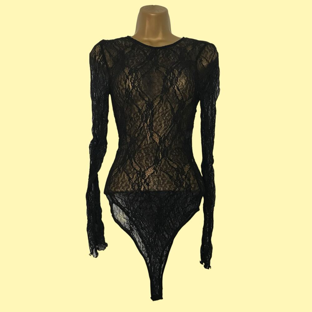Zara Black Sheer Lace Bodysuit M Long Sleeve Thong Goth Coquette Mesh Top Sexy